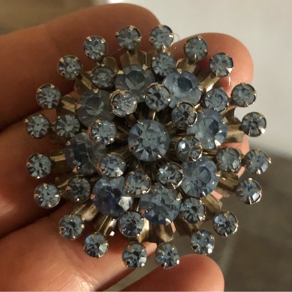 Vintage Blue Rhinestone Domed Brooch Retro Midcentury - Picture 8 of 8